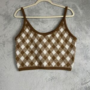 Zara Knit Argyle Crop Top Sweater Tank L Festival Cozy Holiday Cabincore Baddie